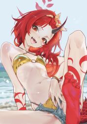 Rule 34 | 1girl, absurdres, bangs pinned back, bare legs, bare shoulders, barefoot, bikini, blue archive, blush, denim, denim shorts, dragon girl, dragon horns, dragon tail, fangs, forehead, halo, highres, horns, looking at viewer, navel, official alternate costume, open clothes, open mouth, open shorts, red eyes, red hair, red halo, renge (blue archive), renge (swimsuit) (blue archive), shorts, single horn, solo, stomach, swimsuit, tail, tongue, tongue out, yellow bikini, yyano4691
