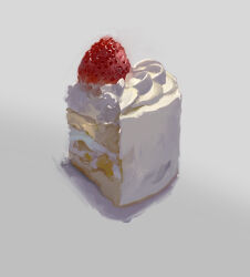 cake cake_slice commentary food food_focus fruit highres icing no_humans original painterly sara_(srsrmrmr) simple_background still_life strawberry strawberry_shortcake white_background