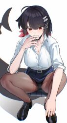 Rule 34 | 1girl, absurdres, black choker, black hair, black shoes, choker, commentary request, ellen joe, ellen joe (on campus), hair ornament, hairclip, highres, holding, official alternate costume, pantyhose, red eyes, shadow, shirt, shoes, short hair, short sleeves, simple background, solo, squatting, white background, white shirt, zenless zone zero, zhenhi (jinil 0611)