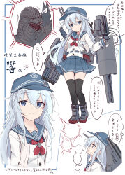Rule 34 | 1girl, black thighhighs, blue hat, blue sailor collar, blue skirt, reference sheet, flat cap, godzilla, godzilla (minus one), godzilla (series), godzilla minus one, hat, hibiki (kancolle), highres, kaiju, kantai collection, machinery, minosu, multiple views, neckerchief, original remodel (kantai collection), pleated skirt, red neckerchief, sailor collar, skirt, thighhighs, toho, torpedo launcher, translation request