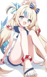1girl :d absurdres animal_ear_fluff animal_ears blonde_hair blue_eyes blue_hair blue_nails cat_ears collar commentary dress fangs feet fins fish_girl fish_tail foot_out_of_frame frilled_dress frills hands_on_floor hashtag-only_commentary head_tilt highres indie_virtual_youtuber legs lifebuoy_hair_ornament long_hair looking_at_viewer low_twintails misyune multicolored_hair nail_polish on_floor one_side_up open_mouth sameko_saba sandals simple_background sitting skin_fangs sleeveless sleeveless_dress smile solo streaked_hair tail toenail_polish toenails twintails very_long_hair virtual_youtuber white_background white_dress