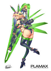 1girl animal_ears ass bikini black_gloves black_thighhighs blonde_hair blue_eyes breasts elbow_gloves fake_animal_ears gloves goggles goggles_on_head headgear high_heels highres large_breasts one_eye_closed original rabbit_ears short_hair solo sophia_f_shirring swimsuit takamine_nadare thighhighs two-tone_thighhighs white_background
