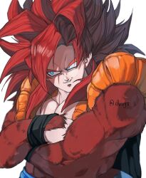 1boy absurdres black_vest blue_eyes body_fur brown_fur cropped_vest crossed_arms db_vg8 dragon_ball dragon_ball_gt gogeta highres long_hair male_focus metamoran_vest muscular muscular_male no_shirt open_clothes open_vest red_hair simple_background smirk solo spiked_hair super_saiyan super_saiyan_4 twitter_username upper_body vest