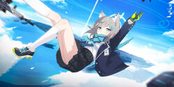Rule 34 | 1girl, absurdres, animal ear fluff, animal ears, black shoes, black skirt, blue eyes, blue jacket, blue necktie, blue scarf, blush, cross hair ornament, extra ears, gloves, green gloves, grey hair, hair ornament, hayate (1034853996), highres, jacket, kneehighs, long hair, necktie, plaid clothes, plaid skirt, pleated skirt, scarf, shiroko (blue archive), shirt, shoes, sidelocks, skirt, socks, solo, white shirt, white socks, wolf ears, wolf girl
