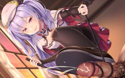 ajax_(azur_lane) asisuki azur_lane buttons censored cum detached_sleeves ejaculation femdom hat highres holding holding_whip open_mouth pantyhose penis purple_eyes purple_hair shoe_soles shoejob stepped_on whip window