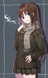 Rule 34 | 1girl, aozaki aoko, black skirt, blue eyes, brown hair, brown jacket, commentary, grey scarf, hair intakes, hand on own hip, head tilt, highres, jacket, long hair, long sleeves, looking at viewer, mahou tsukai no yoru, miniskirt, plaid clothes, plaid scarf, pleated skirt, scarf, simple background, skirt, smile, solo, symbol-only commentary, tanka kikurage