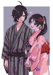1boy 1girl ahoge alternate_costume alternate_hairstyle araragi_koyomi arm_hug black_hair blush commentary_request flower glasses hair_flower hair_ornament hair_over_one_eye hanekawa_tsubasa hatahata_(okkrslk) heart highres holding_hands interlocked_fingers japanese_clothes kimono long_hair monogatari_(series) obi open_mouth pink_kimono ponytail purple_eyes sash smile striped_clothes striped_kimono yukata