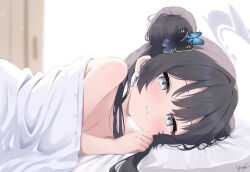 1girl absurdres black_hair blue_archive blue_eyes blush butterfly_hair_ornament double_bun hair_bun hair_ornament highres kianata kisaki_(blue_archive) light_smile looking_at_viewer lying nude on_side solo twintails under_covers upper_body
