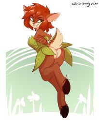 1girl 2019 absurdres animal_ear_fluff animal_nose artist_name ass bare_shoulders body_fur bracelet breasts castle collarbone commentary commission deer_girl dress elora_(spyro) english_commentary female_focus from_behind full_body furry furry_female green_dress green_eyes half-closed_eyes highres hooves jewelry leaning_forward light_smile looking_at_viewer looking_back medium_breasts messy_hair midair outdoors red_fur red_hair sand semlgrim shadow sideboob sideways_glance simple_background solo spyro_(series) tail thick_thighs thighs tree unworn_dress white_fur