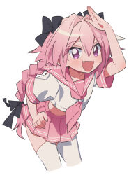 Rule 34 | 1boy, astolfo (fate), astolfo (sailor paladin) (fate), black bow, black ribbon, blush, bow, braid, commentary, cropped legs, crossdressing, fang, fate/grand order, fate (series), hair between eyes, hair bow, hair ribbon, hand on own hip, highres, koyashaka, long hair, looking at viewer, male focus, neckerchief, open mouth, pink eyes, pink hair, pink neckerchief, pink sailor collar, ribbon, sailor collar, school uniform, serafuku, simple background, single braid, solo, symbol-only commentary, thighhighs, trap, twitter username, white background, white thighhighs