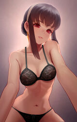 1girl bare_arms black_bra black_panties bra breasts brown_hair cleavage collarbone commentary_request earrings freeinni grey_background hairband head_tilt highres jewelry lace lace_bra lingerie medium_breasts navel panties parted_lips red_eyes revision short_hair_with_long_locks sidelocks solo spy_x_family underwear underwear_only white_hairband yor_briar