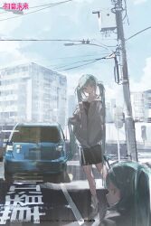 2girls artist_name bad_source building car character_name city cityscape cloud cloudy_sky day full_body green_eyes green_hair hatsune_miku highres jacket lamppost long_hair long_sleeves looking_at_viewer looking_back loose_socks motor_vehicle multiple_girls official_art outdoors pleated_skirt power_lines pukiko road road_sign shoes sign skirt sky socks standing street twintails utility_pole vocaloid watermark white_socks