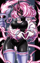 1girl black_bodysuit black_border bodysuit border breasts colored_skin cowboy_shot duel_monster heart heart_hands highres jacket large_breasts medium_hair red_hair red_skin simple_background solo sparkle spright_carrot wadatsumi_(sense11531153) white_jacket yu-gi-oh!
