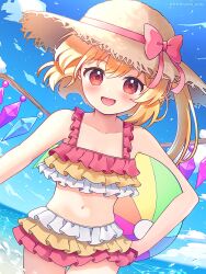 1girl ball bare_shoulders beachball bikini blonde_hair crystal_wings flandre_scarlet flat_chest frilled_bikini frills hat highres holding holding_ball multicolored_bikini nene_man ocean partially_submerged red_bikini red_eyes side_ponytail solo straw_hat swimsuit touhou water white_bikini yellow_bikini