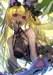 1girl animal_ears bare_shoulders bikini black_bikini blonde_hair braid breasts cat_ears dark-skinned_female dark_skin goggles goggles_on_head granblue_fantasy hair_ornament helel_ben_shalem helel_ben_shalem_(summer)_(granblue_fantasy) highres kogome_(azalea4) long_hair looking_at_viewer pacifier red_eyes see-through_clothes solo swimsuit very_long_hair