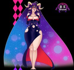 1girl absurdres animated animated_gif bare_shoulders barefoot be_witches breast_expansion breasts bridal_gauntlets bursting_breasts cleavage clothing_cutout covered_erect_nipples curled_horns curvy dress female_focus full_body gigantic_breasts glowing glowing_eyes highres horns huge_breasts large_breasts long_hair looking_at_viewer multicolored_hair nail_polish navel navel_cutout nightmare_(be_witches) nosebecc off-shoulder_dress off_shoulder official_art pointy_ears red_eyes skindentation solo thick_thighs thighs toenail_polish toenails torn_clothes very_long_hair wide_hips