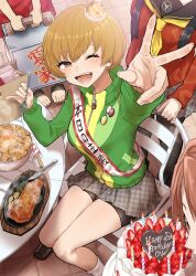 1boy 3girls :d absurdres amagi_yukiko arm_up badge bare_legs bike_shorts birthday_cake black_pantyhose black_shorts breasts brown_hair button_badge cake character_name chopsticks day food foot_out_of_frame fork green_jacket grey_skirt gyuudon hanamura_yousuke happy_birthday hat head_out_of_frame highres holding holding_fork jacket knees_together_feet_apart kurosususu looking_at_viewer miniskirt multiple_girls nakamura_aika one_eye_closed open_mouth outdoors pantyhose party_hat persona persona_4 pleated_skirt print_skirt red_shirt sandals sash satonaka_chie school_uniform shirt short_shorts shorts shorts_under_skirt shoulder_sash skirt small_breasts smile socks solo_focus steak thighs tilted_headwear toenails toes track_jacket v white_socks yasogami_school_uniform