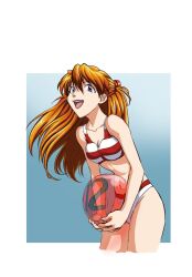 1girl :d amondetauro ball beachball bikini breasts cleavage half_updo highres interface_headset_(evangelion) long_hair looking_at_viewer medium_breasts navel neon_genesis_evangelion official_alternate_costume open_mouth orange_hair smile solo souryuu_asuka_langley stomach striped_bikini striped_clothes swimsuit
