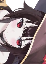 1girl bare_shoulders black_choker blush brown_hair choker choppy_bangs close-up hat highres kono_subarashii_sekai_ni_shukufuku_wo! megumin oekaki_siro red_eyes short_hair solo witch_hat