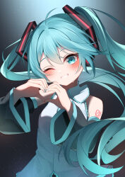 1girl :d absurdres aqua_eyes aqua_hair aqua_nails aqua_necktie aqua_trim bare_shoulders black_skirt blush breasts commentary detached_sleeves grin hair_ornament hair_tie hatsune_miku head_tilt headset heart heart_hands highres long_hair looking_at_viewer necktie number_tattoo one_eye_closed open_mouth pleated_skirt ryaru_ryaru shirt skirt small_breasts smile solo sweatdrop tattoo twintails upper_body very_long_hair vocaloid white_shirt wide_sleeves