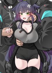 1girl 2boys ? absurdres animal_ears arknights black_choker black_coat black_hair black_jacket black_shorts black_thighhighs blush breasts cat_ears cat_girl cat_tail choker cleavage coat colored_inner_hair commentary doctor_(arknights) english_commentary fang floppy_ears grabbing_another&#039;s_breast green_eyes grey_shirt groping hand_on_another&#039;s_cheek hand_on_another&#039;s_face high-waist_shorts highres holding_hands jacket jessica_(arknights) jessica_the_liberated_(arknights) k0ng large_breasts long_hair long_sleeves looking_at_viewer male_doctor_(arknights) multicolored_hair multiple_boys open_clothes open_jacket open_mouth ponytail puffy_long_sleeves puffy_sleeves purple_hair purple_streaks shirt shorts skin_fang skindentation solo_focus spoken_question_mark streaked_hair tail thick_thighs thighhighs thighs