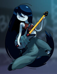 1girl adventure_time bass_guitar bite_mark bite_mark_on_neck black_hair black_shoes breasts colored_skin demon denim discount-supervillain grey_skin guitar highres instrument jeans long_hair marceline_abadeer midriff pants red_tank_top shoes small_breasts smile tank_top torn_clothes torn_jeans torn_pants vampire very_long_hair