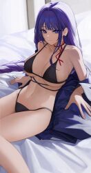 1girl absurdres alternate_costume bikini black_bikini braid breasts closed_mouth commentary_request expressionless genshin_impact highres korean_commentary large_breasts leaning_back long_hair looking_at_viewer low-braided_long_hair low-tied_long_hair navel purple_eyes purple_hair raiden_shogun sideboob sitting solo starblue stomach swimsuit thighs underboob very_long_hair