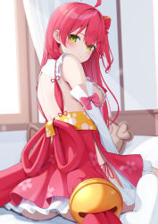 Rule 34 | 1girl, ahoge, ass, back, bell, blush, breasts, cherry blossom print, closed mouth, commentary request, detached sleeves, floral print, frilled kimono, frills, from behind, green eyes, hair bell, hair intakes, hair ornament, highres, hololive, indoors, japanese clothes, jingle bell, kimono, long hair, looking at viewer, nontraditional miko, nyan (reinyan 007), one side up, panties, paw print, paw print pattern, pink hair, red skirt, sakura miko, sakura miko (1st costume), sash, side-tie peek, sideboob, sideless kimono, skirt, sleeveless, sleeveless kimono, solo, underwear, virtual youtuber, white panties, x hair ornament, yellow sash