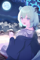 Rule 34 | 1girl, :d, absurdres, animal ears, backlighting, bath yukata, blue archive, blush, commentary, cup, feet out of frame, from behind, full moon, green hair, hair between eyes, hand up, happy, highres, holding, holding cup, japanese clothes, kimono, looking at viewer, looking back, low twintails, medium hair, moon, moonlight, mountainous horizon, nape, natsukage ao, night, night sky, official alternate costume, official alternate hairstyle, onsen, open mouth, outdoors, purple eyes, shigure (blue archive), shigure (hot spring) (blue archive), short twintails, sitting, sky, smile, solo, sparkling eyes, star (sky), starry sky, steam, tail, twintails, weasel ears, weasel girl, weasel tail, yagasuri, yukata