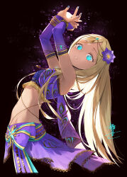 1girl aqua_eyes arabian_clothes arched_back armpits arms_up bare_shoulders blonde_hair bracelet breasts bridal_gauntlets circlet dancer dark-skinned_female dark_skin elbow_gloves flower gloves groin hair_flower hair_ornament harem_outfit highres idolmaster idolmaster_cinderella_girls jewelry layla_(idolmaster) long_hair looking_at_viewer midriff nail_polish navel okeno_kamoku parted_lips purple_gloves small_breasts solo straight_hair strapless tube_top