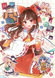 +_+ 5girls :d ? apron ascot bare_shoulders black_boots black_hat black_vest blonde_hair blue_eyes blue_hair bomb_item_(touhou) book bookmark boots bow braid brown_hair brown_shirt brown_shorts cd cd_case chair closed_eyes closed_mouth collared_shirt commentary_request controller detached_sleeves door embodiment_of_scarlet_devil floppy_disk folding_fan frilled_hair_tubes frills gap_(touhou) gold_headdress grid_background hair_bow hair_tubes hakurei_reimu hand_fan hat hat_bow hat_ribbon heart highly_responsive_to_prayers highres holding holding_book holding_controller holding_fan holding_scepter holding_staff joystick kirisame_marisa long_sleeves looking_at_viewer matara_okina michigami_nareko mob_cap mountain_of_faith mozukuzu_(manukedori) multiple_girls open_mouth orange_sleeves orange_tabard outstretched_arms point_item_(touhou) power_item_(touhou) puffy_short_sleeves puffy_sleeves reading red_bow red_eyes red_ribbon red_shirt red_skirt ribbon ribbon-trimmed_sleeves ribbon_trim scepter scroll seiza shirt short_sleeves shorts side_braid single_braid sitting skirt sleeveless sleeveless_shirt smile spread_arms staff star_(symbol) tabard taboo_japan_disentanglement touhou touhou_(pc-98) translation_request vest waist_apron white_apron white_bow white_hat white_shirt white_sleeves wide_sleeves wire witch_hat yakumo_yukari yellow_ascot yellow_eyes yin_yang