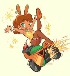 1girl :d alternate_costume amie_sanchez animal_ears aqua_eyes armpits arms_up artist_name blush breasts bright_pupils brown_hair brown_pantyhose cleavage commentary dark-skinned_female dark_skin deformed earrings english_commentary fake_animal_ears full_body happy high_heels highres jewelry kneepits leg_up leotard looking_at_viewer mach_rocket_(mario) mario_(series) mario_kart mario_kart_world medium_breasts motor_vehicle nintendo one_eye_closed open_mouth orange_shoes outstretched_arms pantyhose playboy_bunny ponytail princess_daisy rabbit_ears rabbit_tail shoes signature simple_background smile solo strapless tail yellow_background yellow_leotard