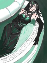 1girl absurdres bare_shoulders black_hair bodysuit breasts emptiart gloves green_eyes green_lines hela_(marvel) highres large_breasts long_hair marvel marvel_cinematic_universe marvel_rivals solo thor:_ragnarok water