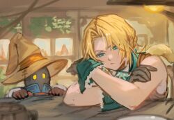 Rule 34 | 2boys, absurdres, aqua eyes, aqua ribbon, aqua vest, blonde hair, brown gloves, commentary request, counter, crossed arms, cup, elbow rest, final fantasy, final fantasy ix, furrowed brow, gloves, grey gloves, hair intakes, hands up, hat, highres, indoors, leaning forward, light bulb, looking down, male focus, multiple boys, neck ribbon, parted bangs, plate, ponytail, pout, ribbon, rino (selva 1in0), sad, shoulder belt, solid eyes, upper body, vivi ornitier, witch hat, yellow eyes, zidane tribal