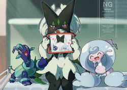 Rule 34 | + +, :d, ^ ^, blurry, blurry background, blush, closed eyes, closed mouth, commentary request, creatures (company), game freak, gen 8 pokemon, happy, hattrem, highres, indoors, meowscarada, nako (nekono shippo75), nintendo, on bed, open mouth, pokemon, pokemon (anime), pokemon (creature), pokemon horizons, sitting, smile, tablet pc, terapagos, tongue, watermark
