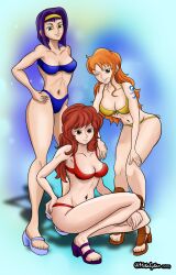 3girls bikini blue_bikini breasts brown_eyes cleavage cowboy_bebop crossover curvy earrings faye_valentine full_body green_eyes hairband high_heel_sandals high_heels highres jewelry large_breasts looking_at_viewer lupin_iii metalytar mine_fujiko multiple_girls nami_(one_piece) navel one_piece orange_hair purple_hair red_bikini red_hair sandals swimsuit tattoo trait_connection wide_hips yellow_bikini