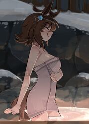1girl absurdres agnes_tachyon_(umamusume) ahoge animal_ears arm_under_breasts blush breasts brown_hair brown_tail chemical_structure from_side heart highres horse_ears horse_girl horse_tail huge_ahoge looking_at_viewer looking_to_the_side medium_breasts medium_hair naked_towel onsen red_eyes rock seductive_smile shuuko_(s_h_uuko) sideways_glance smile snow solo tail towel umamusume wading water wolf_cut