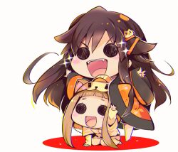 2girls animal_hood black_eyes blunt_bangs brown_hair brown_hoodie brown_skirt cat_hair_ornament cat_hood character_request chibi colored_shadow commentary_request eyelashes fangs hair_ears hair_ornament hairclip hood hood_up hoodie idolmaster idolmaster_cinderella_girls kneeling layered_sleeves leaning_forward light_blush light_particles long_hair long_sleeves multiple_girls open_mouth orange_robe outstretched_arms robe shadow short_hair_with_long_locks short_over_long_sleeves short_sleeves simple_background skirt sleeves_past_wrists smile solid_circle_eyes sparkle standing teeth upper_teeth_only usoneko v-shaped_eyebrows very_long_hair white_background white_sleeves wide_sleeves