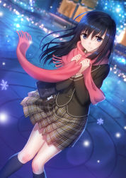1girl absurdres bag black_hair black_jacket black_socks blazer blue_eyes blurry blurry_background brown_skirt closed_mouth commentary_request depth_of_field dutch_angle fringe_trim hair_between_eyes hands_up highres jacket kamome_yuu kneehighs long_hair long_sleeves looking_at_viewer original pink_scarf plaid_clothes plaid_skirt pleated_skirt scarf school_bag skirt smile socks solo standing window