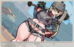 1girl absurdres aged_up alternate_breast_size ammunition ammunition_belt baseball_bat black_bra black_gloves black_jacket black_shorts blonde_hair blue_sky border bra breasts building cloud combat_helmet cowboy_shot crossed_bangs curvy dutch_angle emblem gloves hair_between_eyes hand_on_own_hip helmet highleg highleg_panties highres holding holding_weapon jacket large_breasts looking_at_viewer luciana_de_montefio mask micro_bra micro_shorts midriff mold_(pixiv6616319) mouth_mask navel open_clothes open_jacket outdoors over_shoulder panties panty_straps red_eyes red_panties see-through_clothes see-through_shirt shirt shorts sidelocks skindentation sky solo spiked_knuckles standing thick_thighs thighs torn_clothes tusks underwear weapon weapon_over_shoulder wide_sleeves zenless_zone_zero