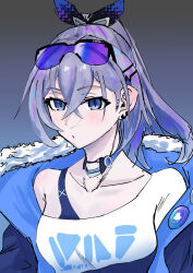 Rule 34 | 1girl, absurdres, black jacket, blue eyes, blush, bra strap, choker, collarbone, commentary request, eyewear on head, futanami, gradient background, grey background, grey hair, hair ornament, hair ribbon, hairclip, highres, honkai: star rail, honkai (series), jacket, long hair, off shoulder, open clothes, open jacket, ribbon, shirt, silver wolf (honkai: star rail), single-shoulder shirt, single bare shoulder, solo, sunglasses, upper body, white shirt
