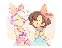 2girls ? animification arrow_(symbol) bow bracelet commentary_request daisy_duck disney hair_bow humanization jewelry kiri_futoshi lowres mickey_mouse_&amp;_friends minnie_mouse multiple_girls personification polka_dot polka_dot_background short_hair staring undressing