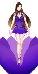 Rule 34 | 1girl, absurdres, arms at sides, bare arms, bare legs, bare shoulders, black hair, black ribbon, breasts, brown hair, cleavage, closed mouth, commentary request, crescent, crescent earrings, crescent moon, dress, earrings, final fantasy, final fantasy vii, final fantasy vii remake, full body, halterneck, highres, jewelry, long hair, looking at viewer, medium breasts, moon, neck ribbon, official alternate costume, purple dress, purple footwear, purple theme, red eyes, ribbon, short dress, single earring, sleeveless, sleeveless dress, solo, standing, swept bangs, tifa lockhart, tifa lockhart (refined dress), tori (labyrinth fft)