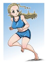 1girl alternate_costume beach_volleyball blonde_hair blue_shorts blue_sports_bra breasts collarbone frown girls_und_panzer grey_eyes groin hairband large_breasts long_hair low_ponytail official_alternate_costume open_mouth ponytail running sasaki_akebi short_shorts shorts side_ahoge sports_bra standing standing_on_one_leg takahashi_kurage white_hairband