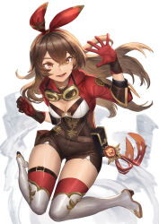 1girl amber_(genshin_impact) belt boots breasts brown_eyes brown_gloves brown_hair brown_shorts cleavage crossed_bangs genshin_impact gloves goggles hair_ribbon highres konoike_(pepe_expect) long_hair looking_at_viewer medium_breasts open_mouth pouch red_ribbon ribbon short_shorts shorts shrug_(clothing) smile solo thigh_boots thighhighs vision_(genshin_impact) white_boots
