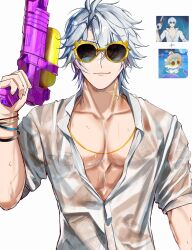 1boy abs absurdres blue_eyes bracelet chimera_(honkai:_star_rail) collarbone color_connection company_connection cosplay game_screenshot_inset hair_color_connection highres hino_satoshi holding holding_water_gun honkai:_star_rail honkai_(series) honkai_impact_3rd jewelry kevin_kaslana kevin_kaslana_(cosplay) male_focus neck_tattoo phainon_(honkai:_star_rail) reference_inset sheimuu shirt short_hair simple_background smile solo sunglasses tattoo toned toned_male trait_connection voice_actor_connection water_gun wet wet_clothes wet_shirt white_background white_hair white_shirt