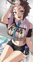 1girl :d absurdres animal_ears aqua_necktie arm_up bare_shoulders black_shorts bottle breasts brown_hair brown_shirt collarbone collared_shirt commentary_request ear_ornament ear_piercing eros_no_kami groin highres holding holding_towel horse_ears horse_girl jacket large_breasts locker locker_room looking_at_viewer mejiro_ryan_(umamusume) midriff multicolored_hair navel necktie off-shoulder_shirt off_shoulder open_mouth piercing purple_eyes shadow shirt short_hair short_shorts short_sleeves shorts sidelocks sitting smile solo sweat teeth tied_shirt towel towel_around_neck two-tone_hair umamusume unworn_jacket upper_teeth_only water_bottle white_hair wiping_sweat