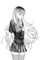 1girl absurdres amemiya_darumi bandaged_arm bandaged_wrist bandages black_shirt black_skirt collar female_focus grey_thighhighs greyscale hair_down highres long_hair monochrome pleated_skirt safety_pin shirt short_sleeves simple_background skirt solo solo_focus the_hundred_line_-last_defense_academy- thighhighs white_background