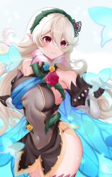 1girl armored_leotard armpits bare_shoulders blush breasts cape closed_mouth covered_navel dress elbow_gloves ell_0314 female_corrin_(fire_emblem) female_corrin_(resplendent)_(fire_emblem) fire_emblem fire_emblem_fates fire_emblem_heroes flower gloves gradient_clothes hair_ornament hair_vines hairband highres leotard long_hair looking_at_viewer medium_breasts nintendo official_alternate_costume panty_straps pointy_ears red_eyes see-through_clothes see-through_cutout smile solo thighhighs thighs thorns white_hair wing_cape