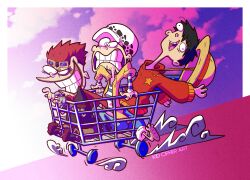 3boys black_hair black_shirt boots cape cloud denim denim_shorts dust_cloud earclip ed_edd_n_eddy eustass_kid facial_scar goggles goggles_on_head green_shorts hat highres hood hoodie in_shopping_cart jeans kidcipher mechanical_arms metal_arm monkey_d._luffy multiple_boys one_piece panther_print pants red_cape red_hair red_hoodie sandals scar scar_on_cheek scar_on_face shirt shopping_cart short_hair shorts single_mechanical_arm straw_hat striped_clothes striped_shirt toon_(style) trafalgar_law yellow_shirt